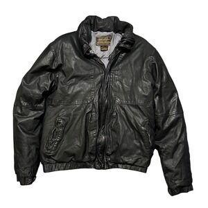 80's Eddie Bauer Mens Black Leather Goose Down Bomber Puffer‎ Jacket Medium